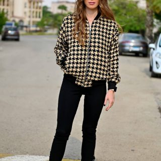 Beige Black Pied de poule bomber jacket