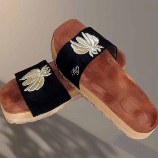 Black embroidery bee slipper