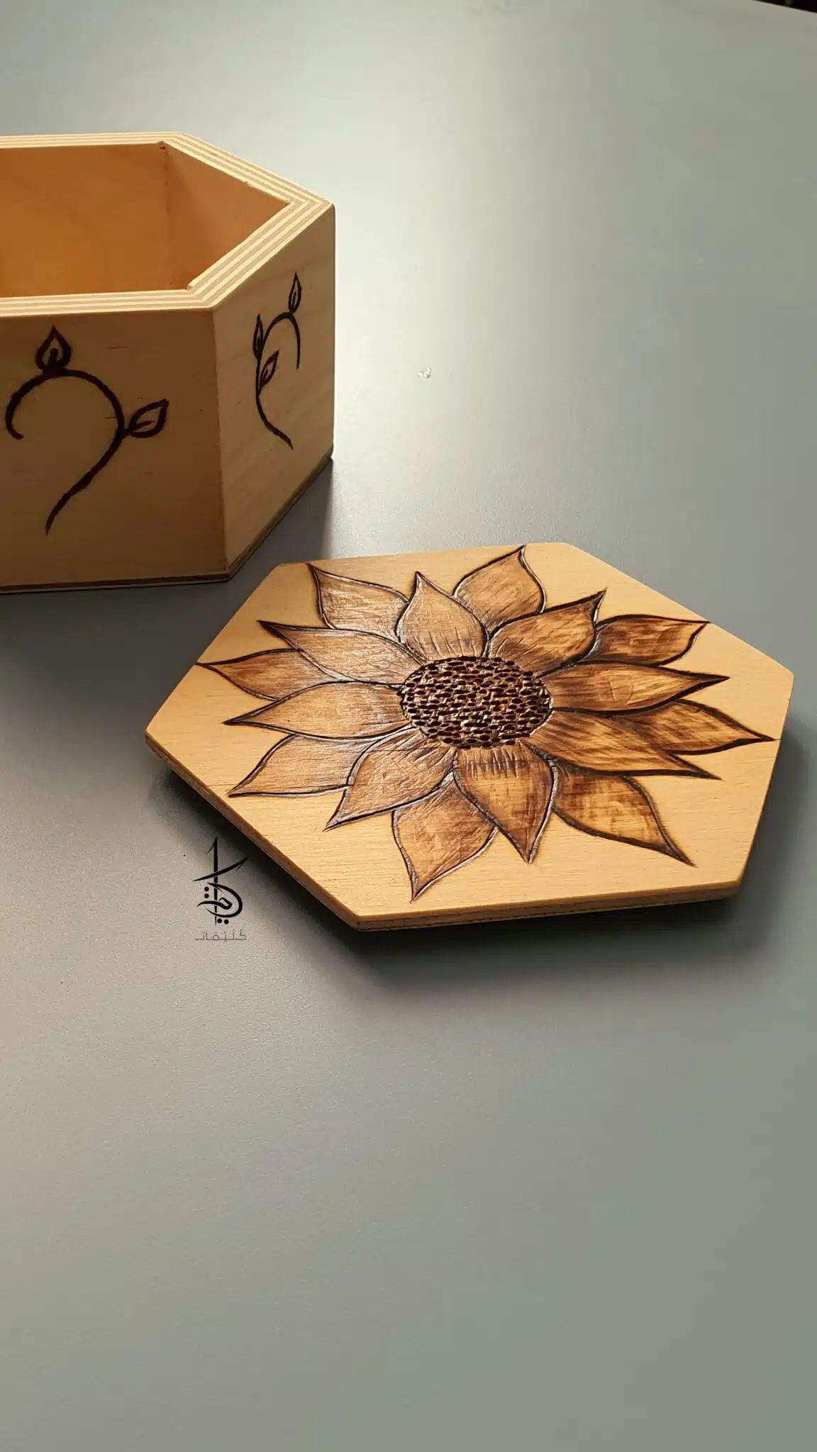 Sunflower - Hand-Burned Hexagon Wooden Box 5 sunflower