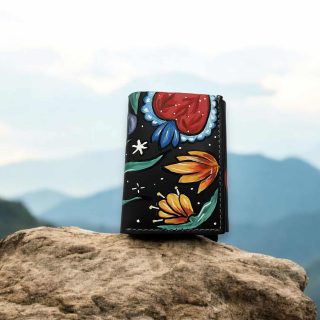 Natural leather black wallet hand painted