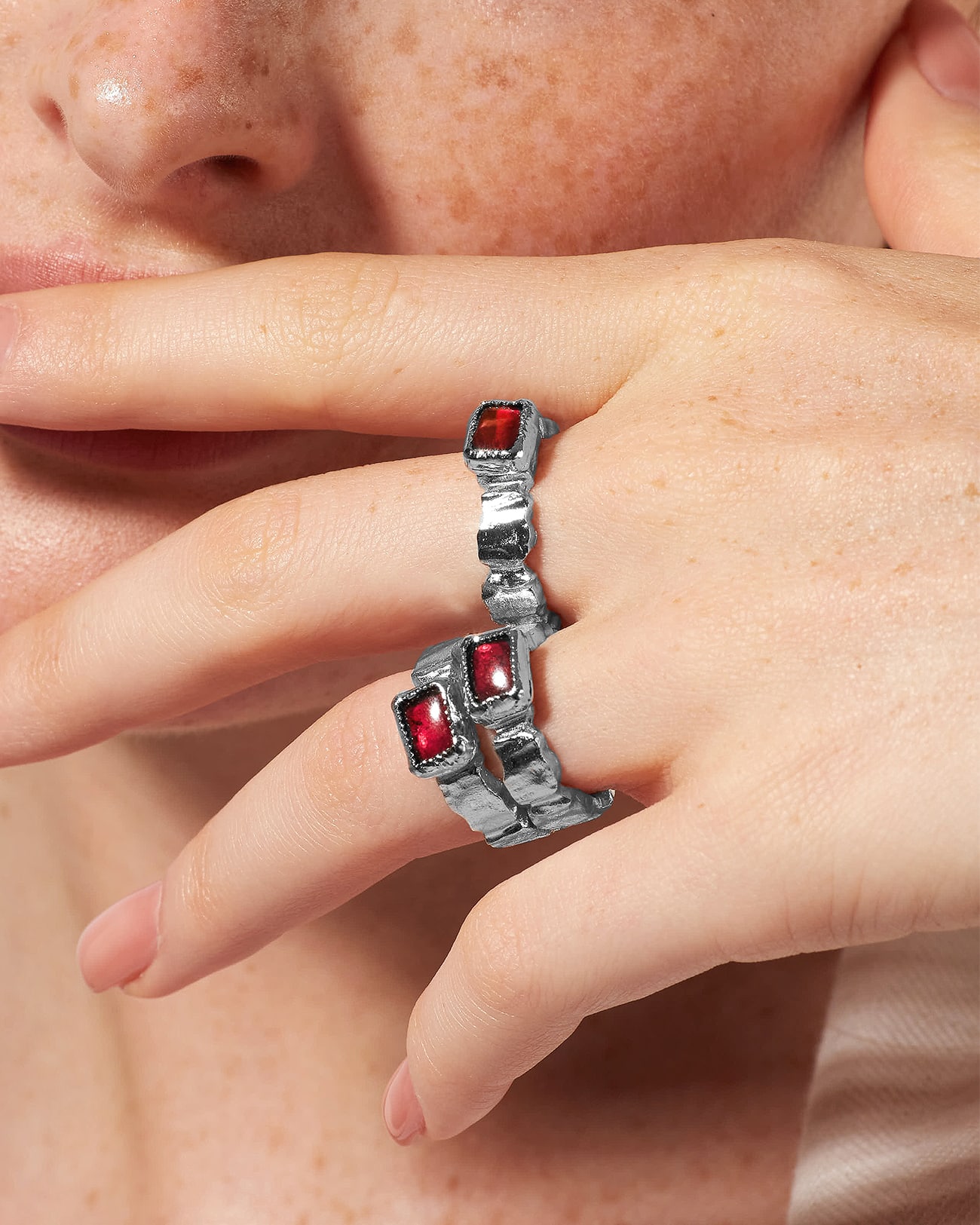 Organic Collection , Organic Square Ring with Garnet 5 Square Beads with Garnet SZR239.1