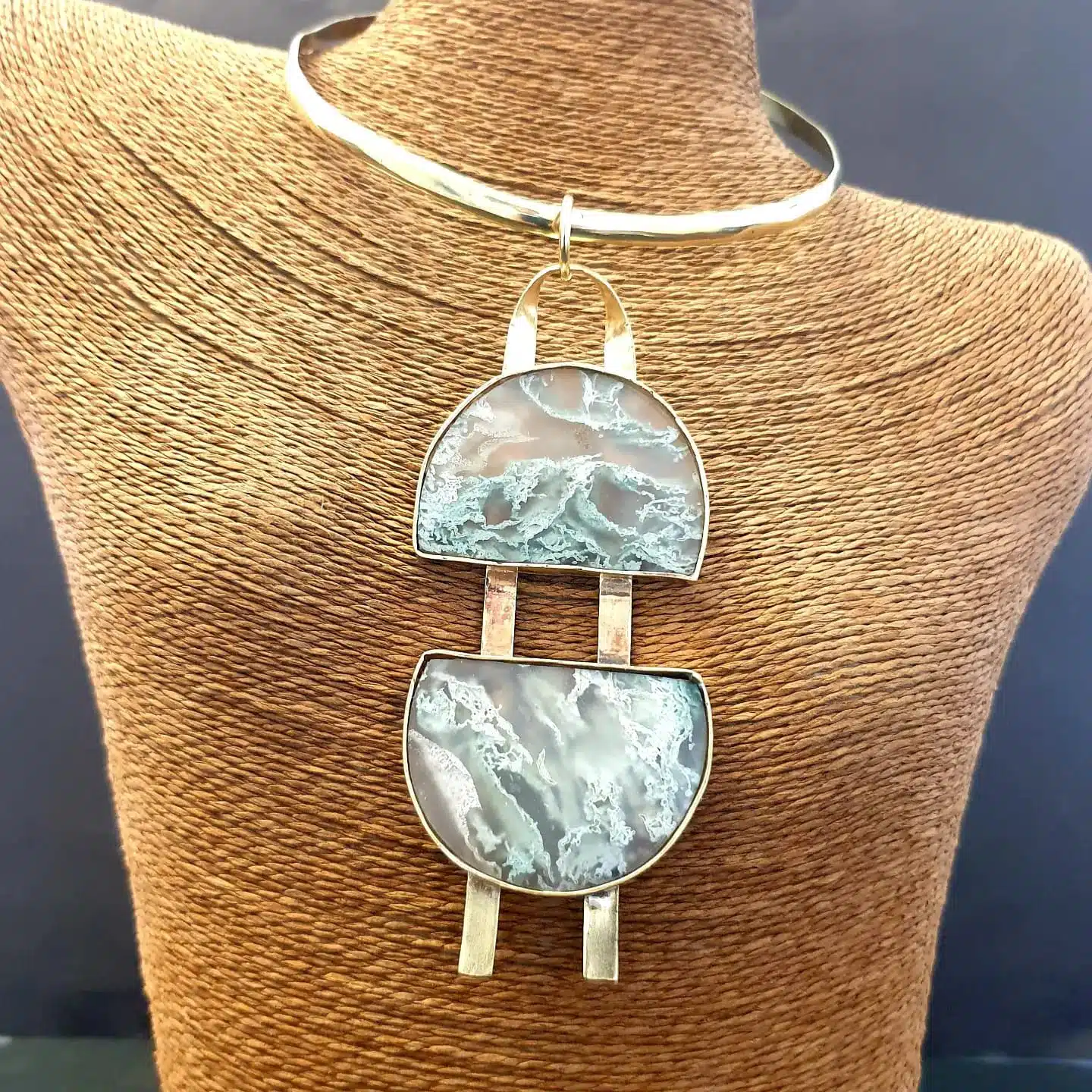 Brass two half circle tree agate necklace 1 Brass two half circle tree agate necklace