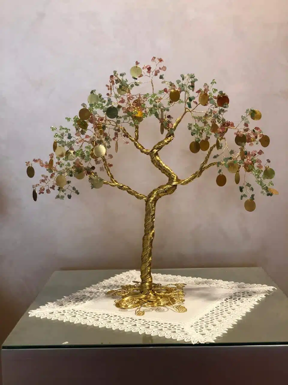 copper wire tree with cherry cuartz , green ston and goldcoin 1 copper wire tree with cherry cuartz , green ston and goldcoin