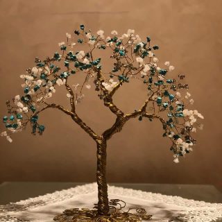 copper wire tree with white and fyrozy stone and silver crystal