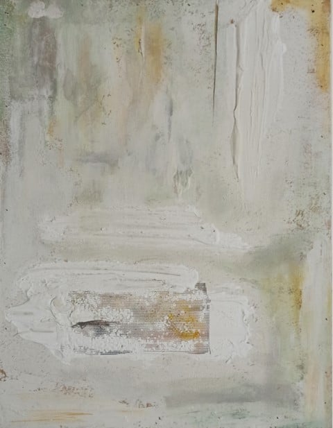 Adaption 2 –Enamel paint and mixed media on wood painting