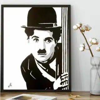 charly chaplin pop art painting in black and white staged