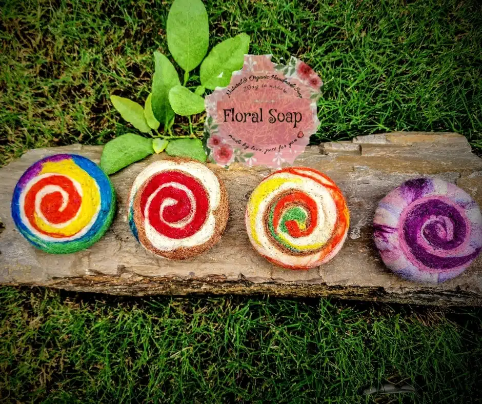 Spiral Free Form Fine Merino Felted Goatmilk scented soap. 5 felted soap