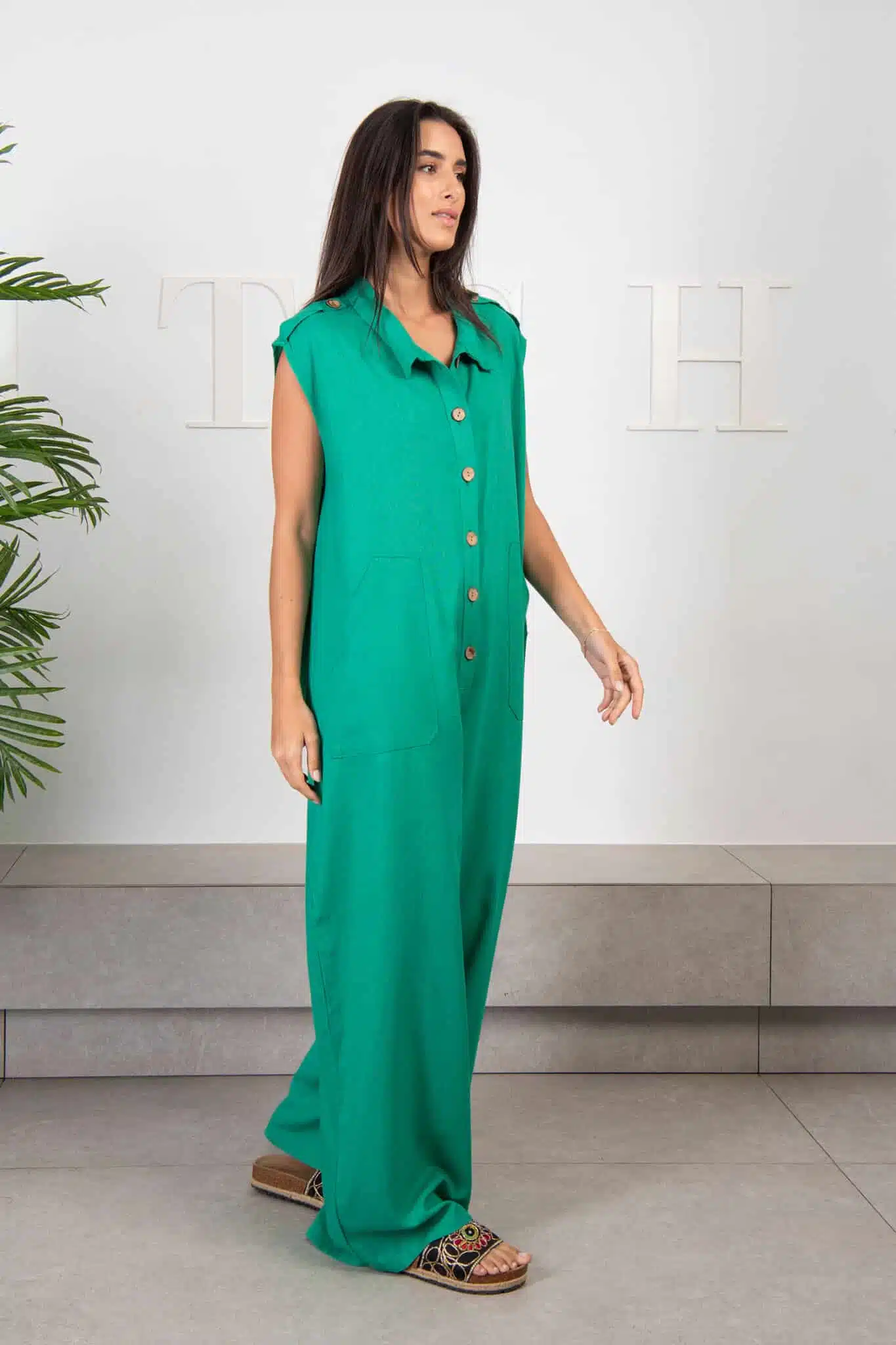Green linen jumpsuit 1 Green linen jumpsuit