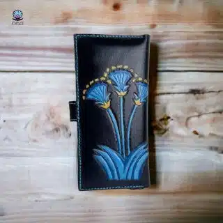 Genuine leather black long wallet lotus flower