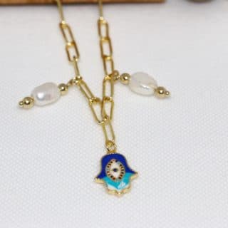 18k gold plated necklace with enameled Fatima hands and pearls