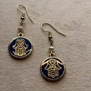 Boho enameled blue Fatima hand earrings