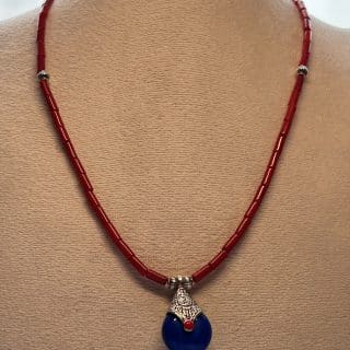 Boho necklace with red coral stone and blue pendant