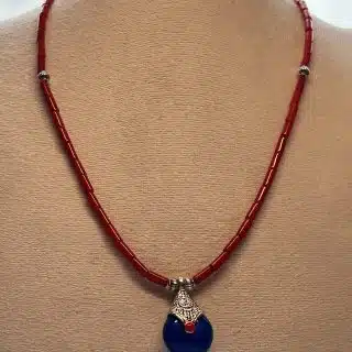 Boho necklace with red coral stone and blue pendant