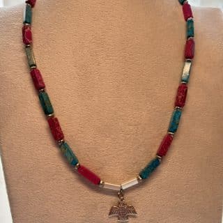 Boho necklace with blue and pink jaspe