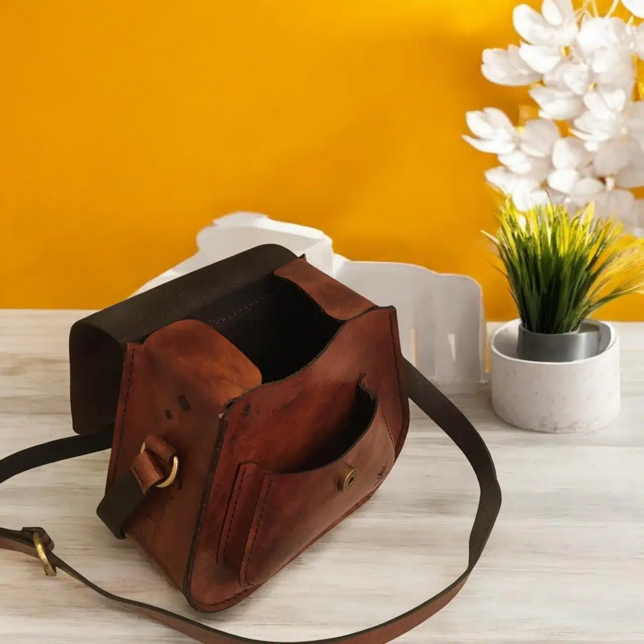 0103 Handmade Genuine leather cross bag with square copper plate 2 WhatsApp Image 2024 11 20 at 11.30.36 PM
