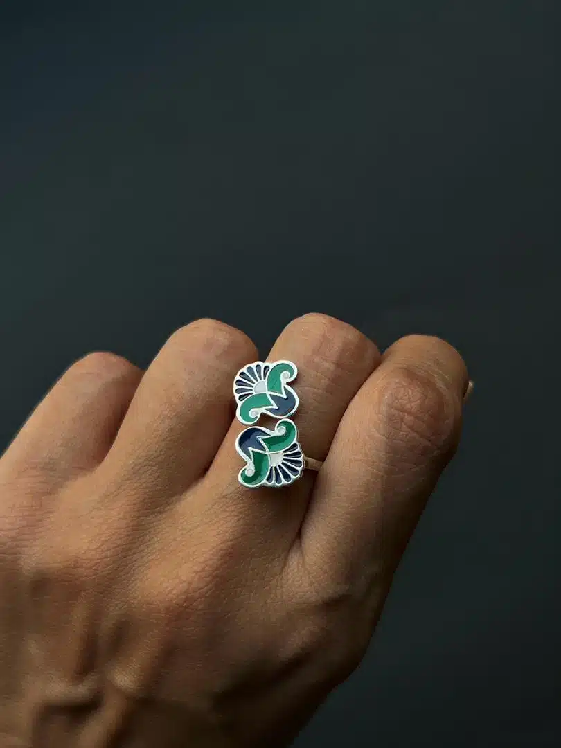 Double sterling silver lotus #3 ring with handpainted enamel. 2 c51cbd9b d284 4bfa 8798 a9cd14894d8e