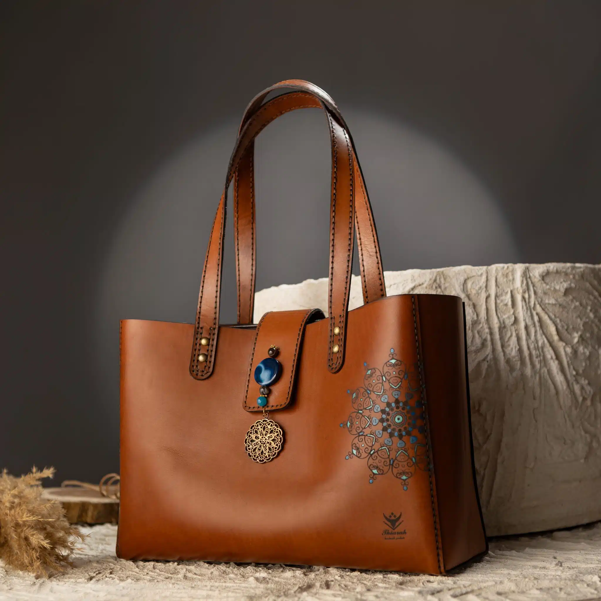 0100 Handmade Genuine leather tote bag with mandala 2 ezz 83 scaled
