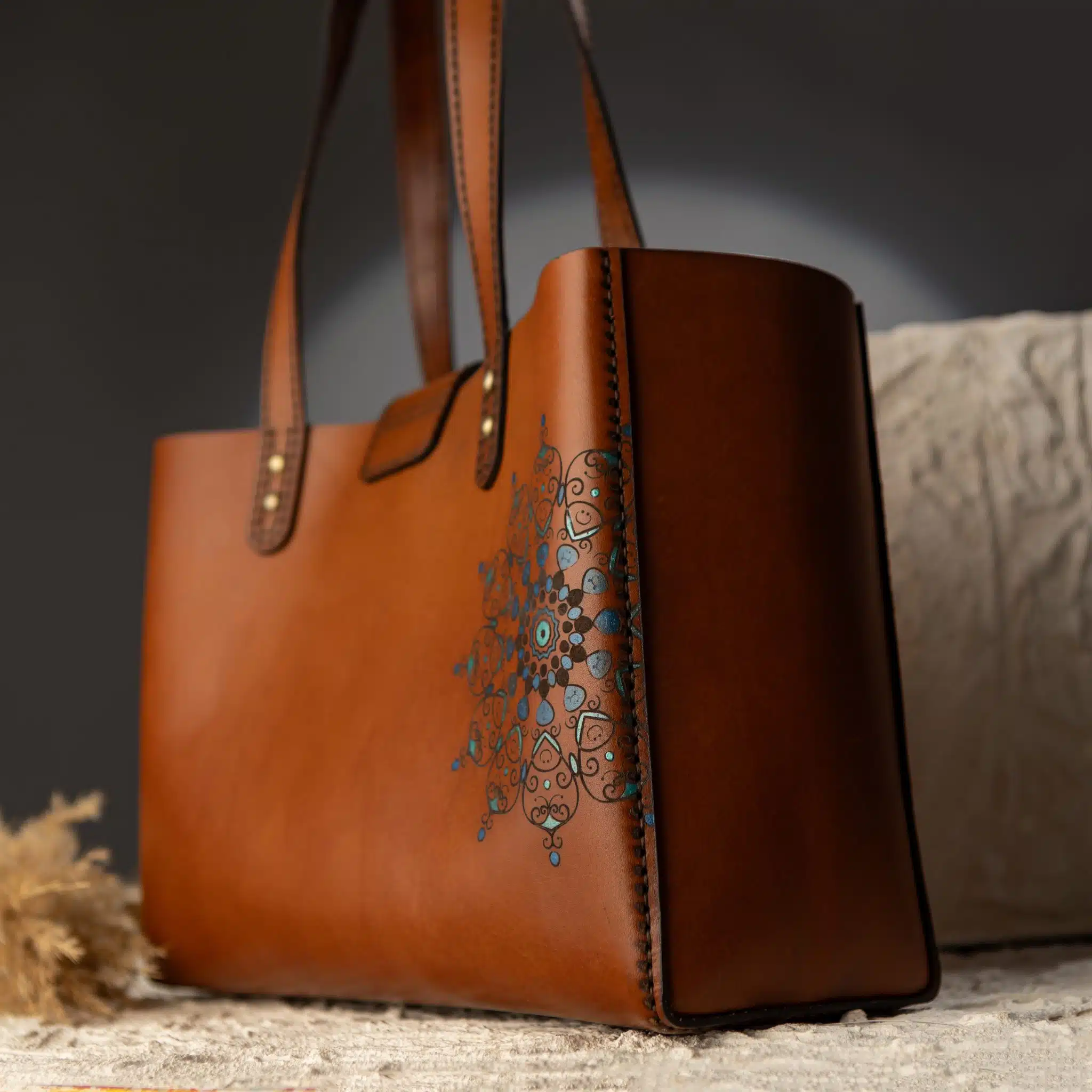 0100 Handmade Genuine leather tote bag with mandala 3 ezz 84 scaled
