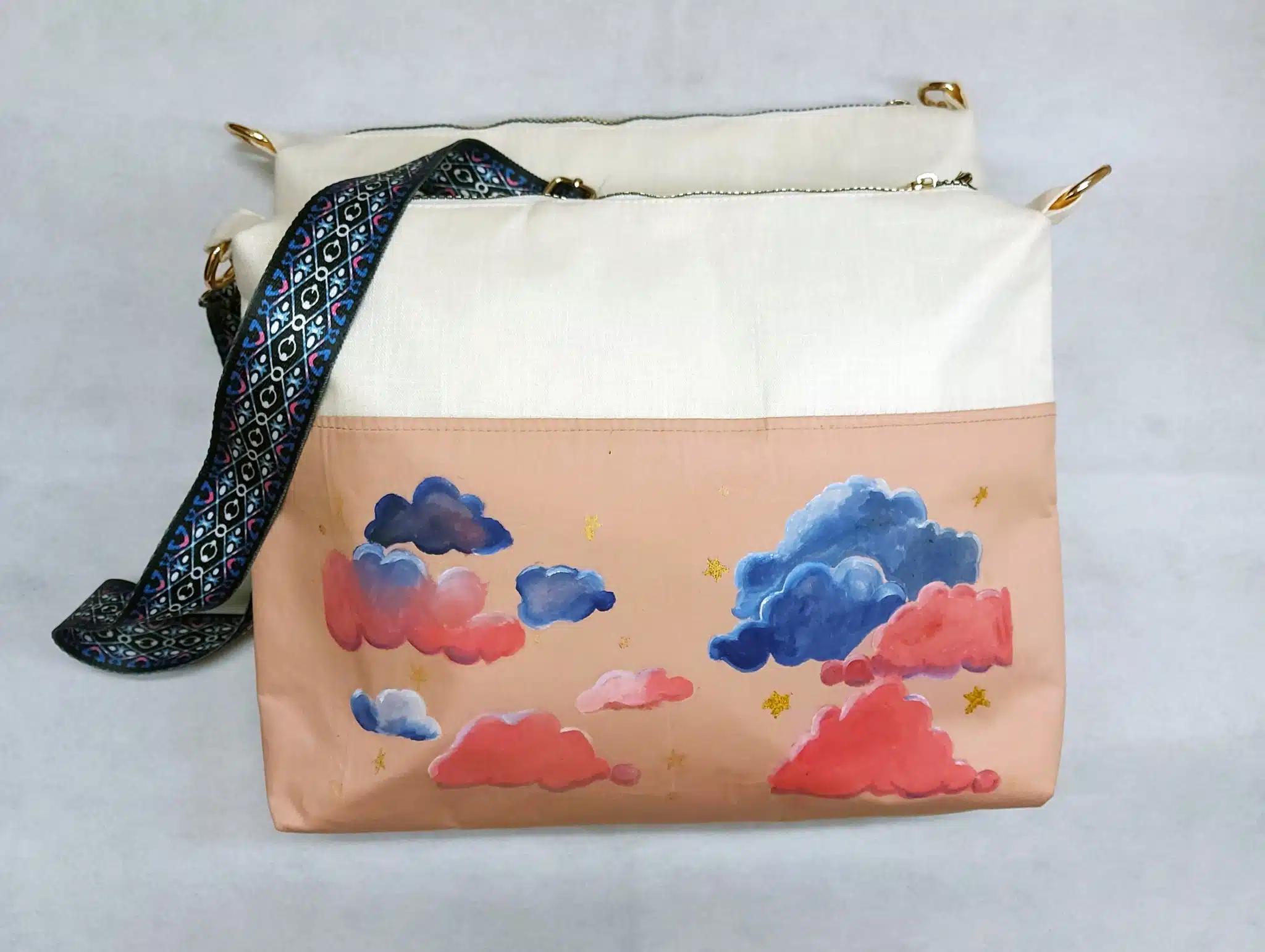 Trendy clouds cross bag fabric painting 1 Trendy clouds cross bag fabric painting