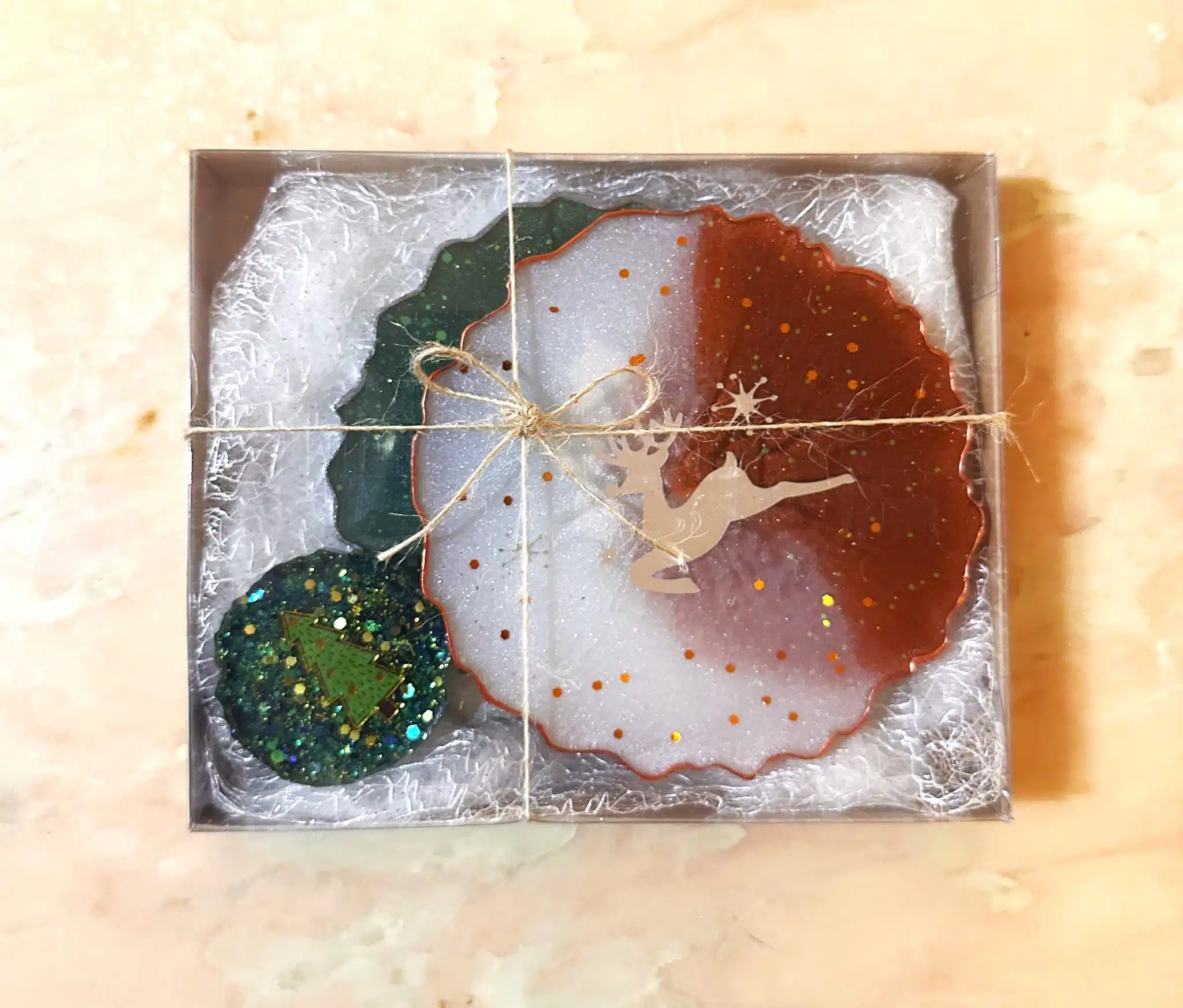 Bronze-Green Christmas Set 1 colorful christmas coasters and magnet