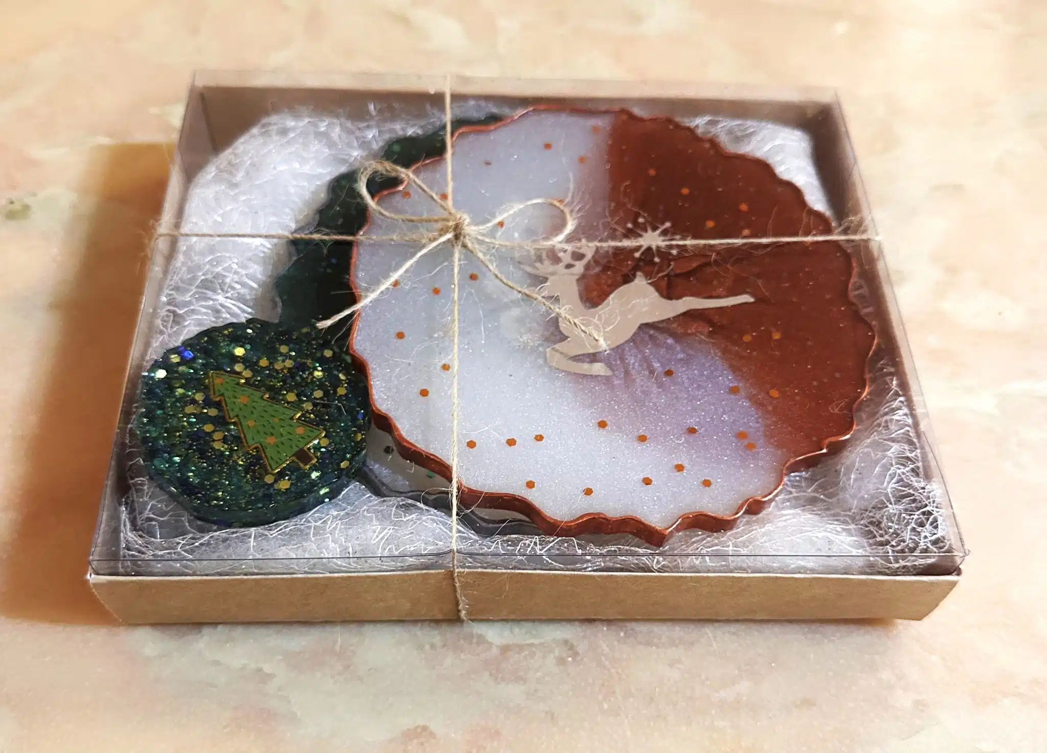 Bronze-Green Christmas Set 3 colorful christmas coasters and magnet