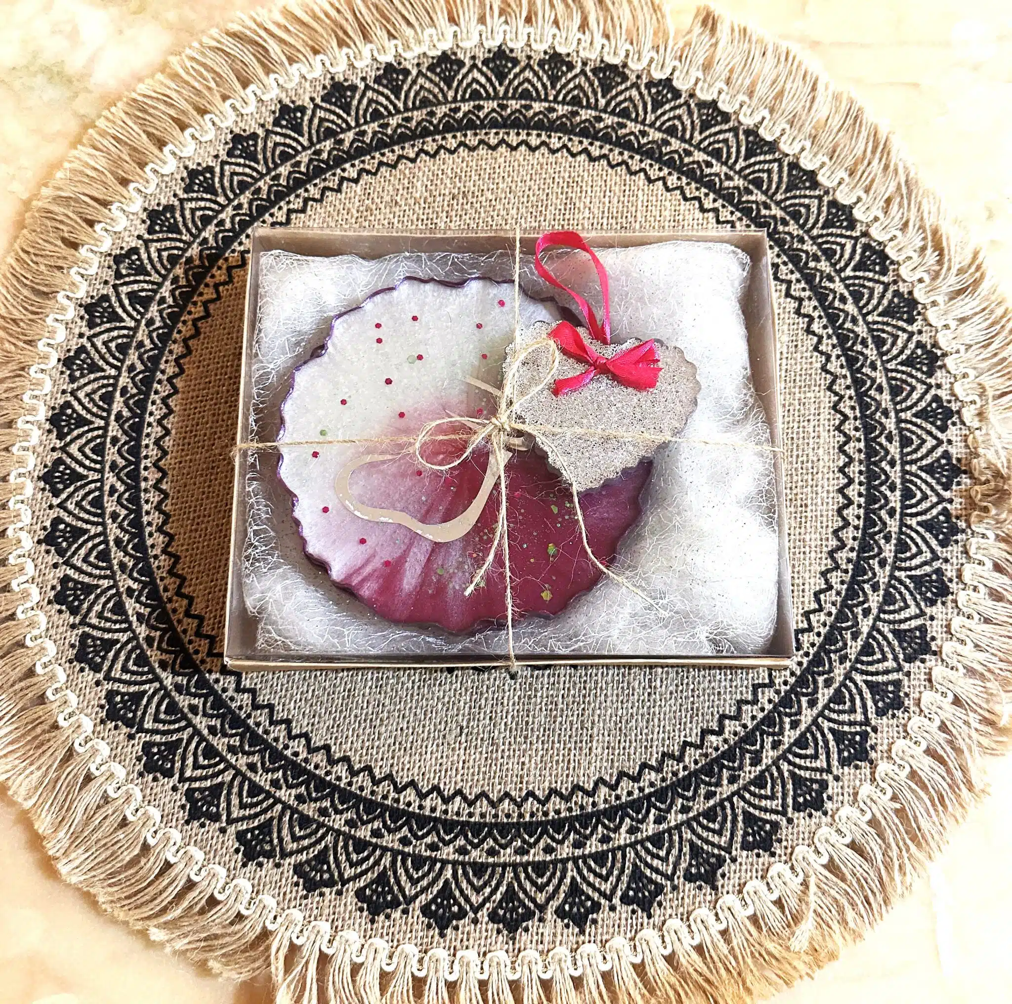 Colorful Christmas Set 4 2 coasters and a christmas ornament