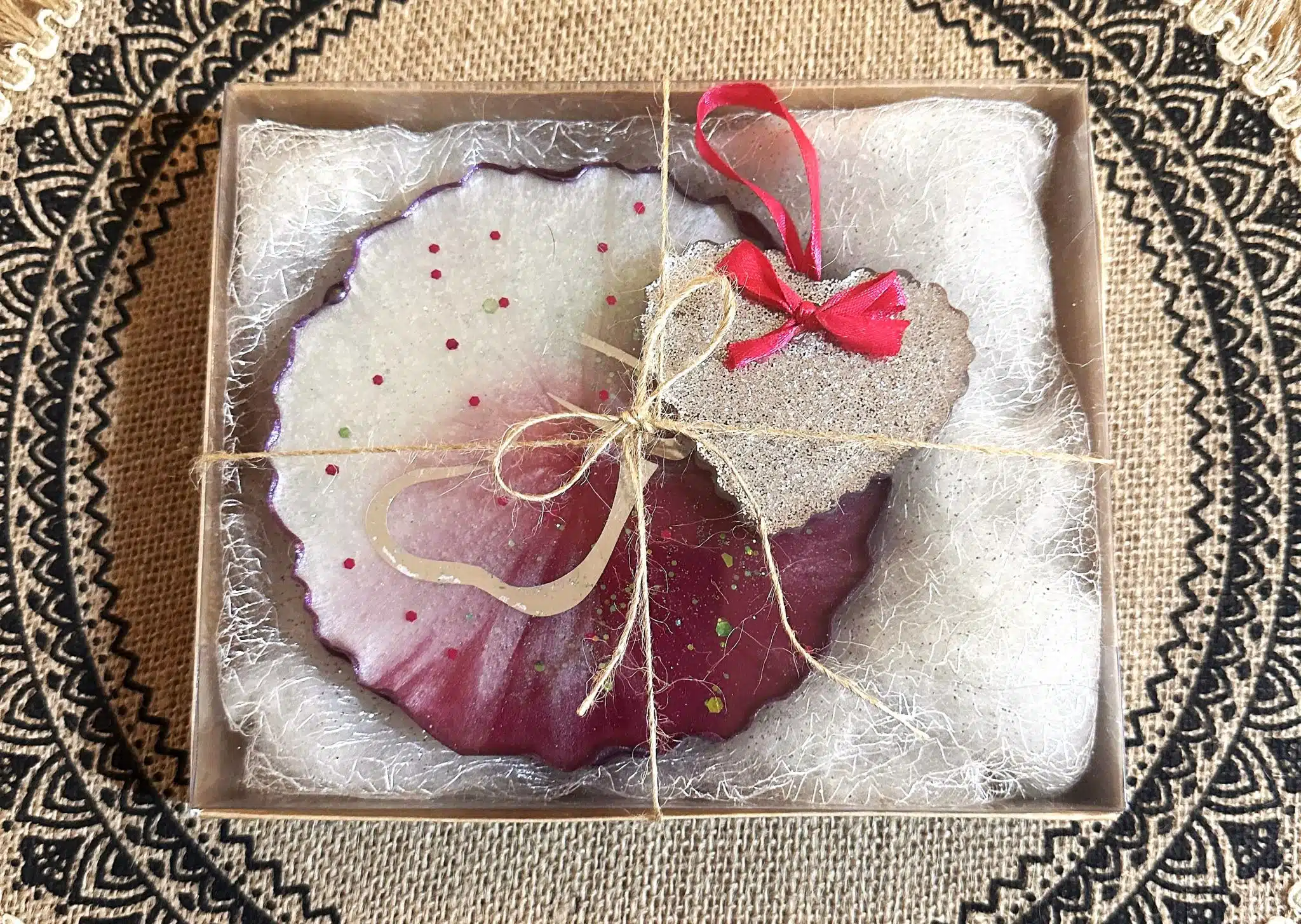 Colorful Christmas Set 3 2 coasters and a christmas ornament