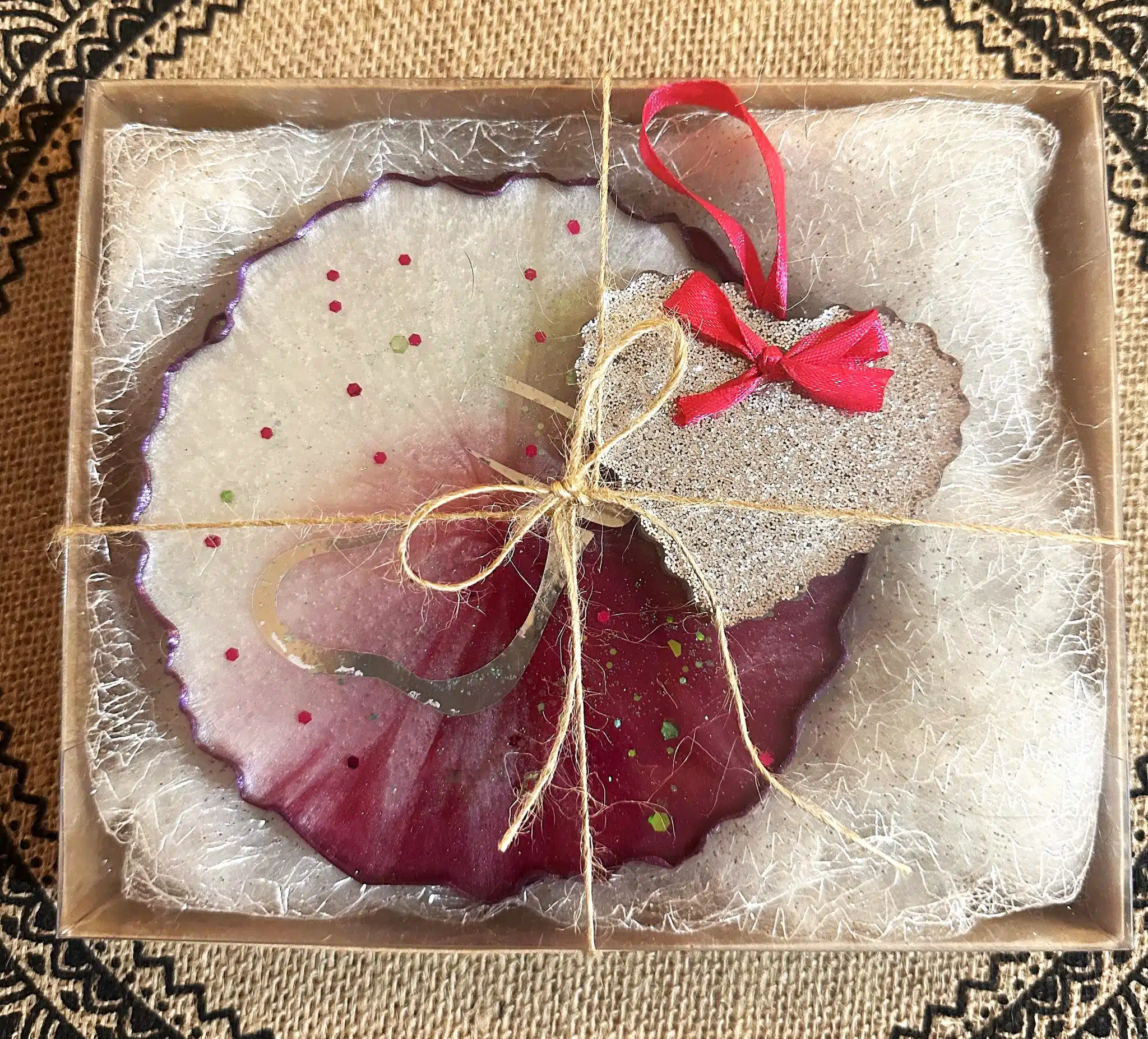 Colorful Christmas Set 2 2 coasters and a christmas ornament