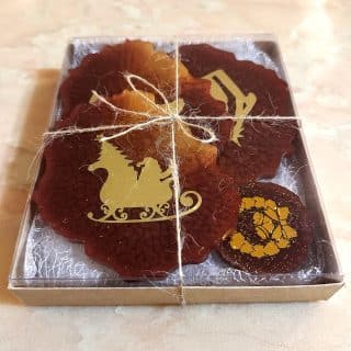 wine-red and gold christmas coasters and magnet