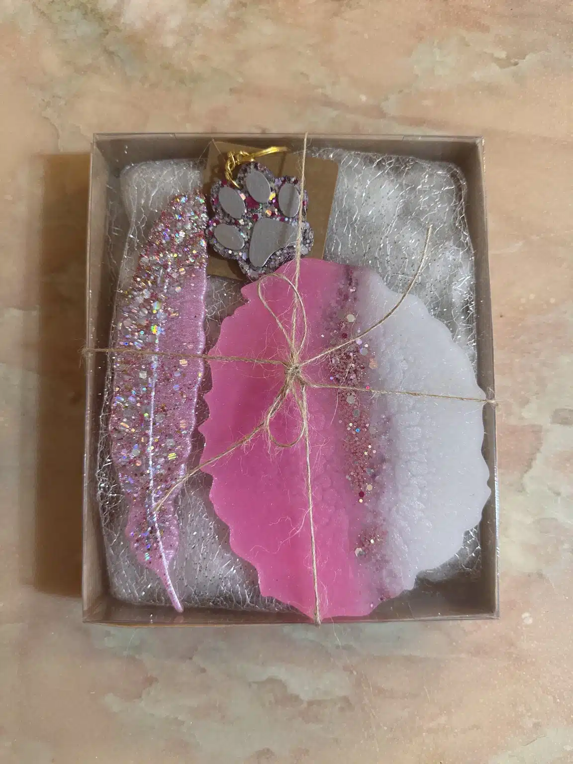 Pink and Glitter Stationery Set 3 pink and glitter coaster, bookmark and medal