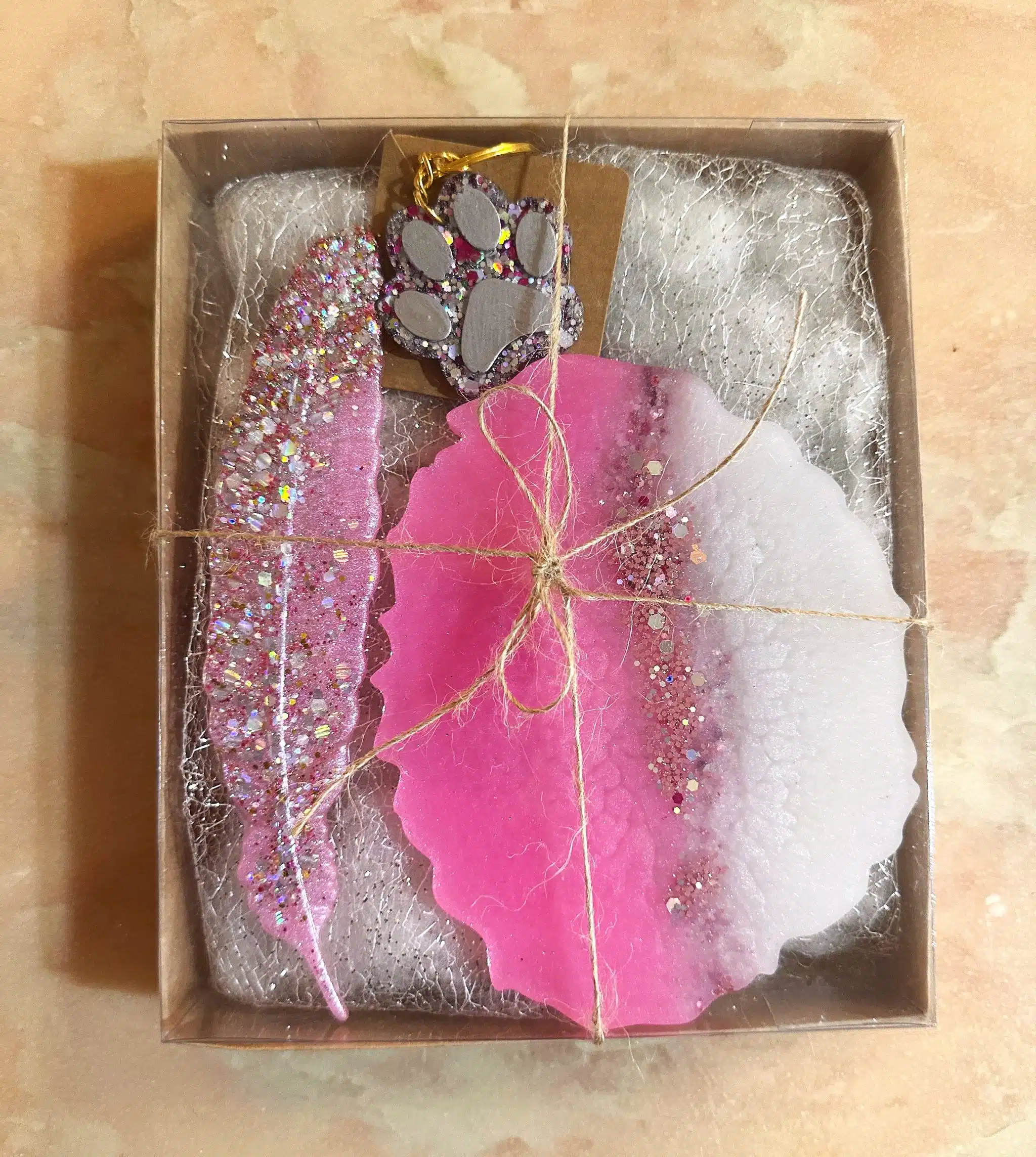 Pink and Glitter Stationery Set 1 pink and glitter coaster, bookmark and medal