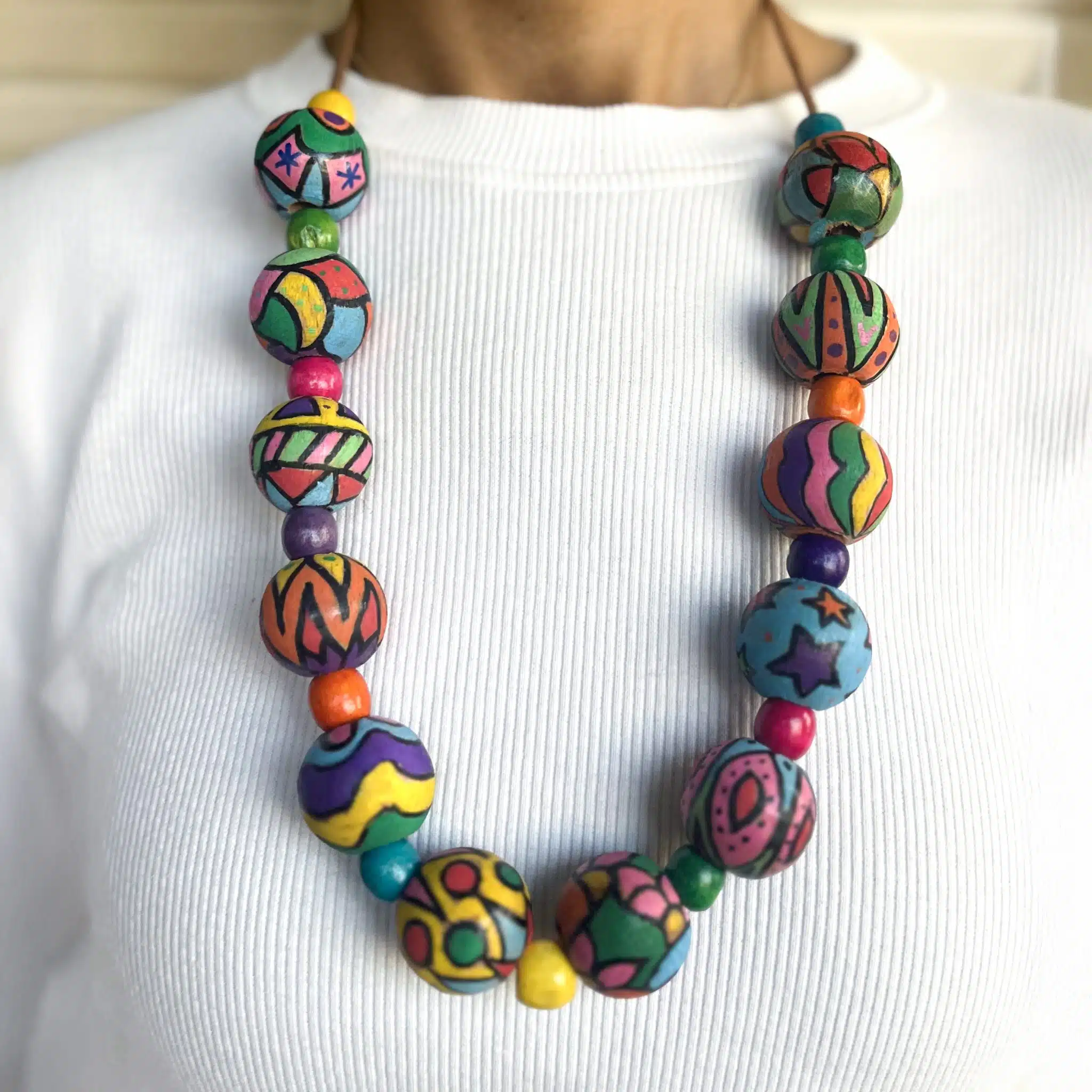 Hand-painted large beads leather necklace 1 Hand-painted large beads leather necklace