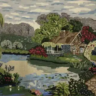 Handmade Tapestry Wall Art – Scenic Cottage by the Lake
