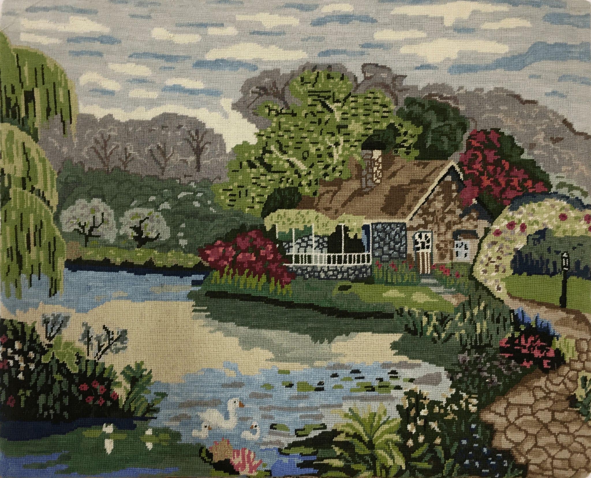 Handmade Tapestry Wall Art – Scenic Cottage by the Lake 1 Handmade Tapestry Wall Art – Scenic Cottage by the Lake