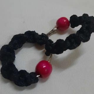 Handmade Braided Black Hoop Earrings with Striking Red Beads – Bold Elegance by Tashuqat