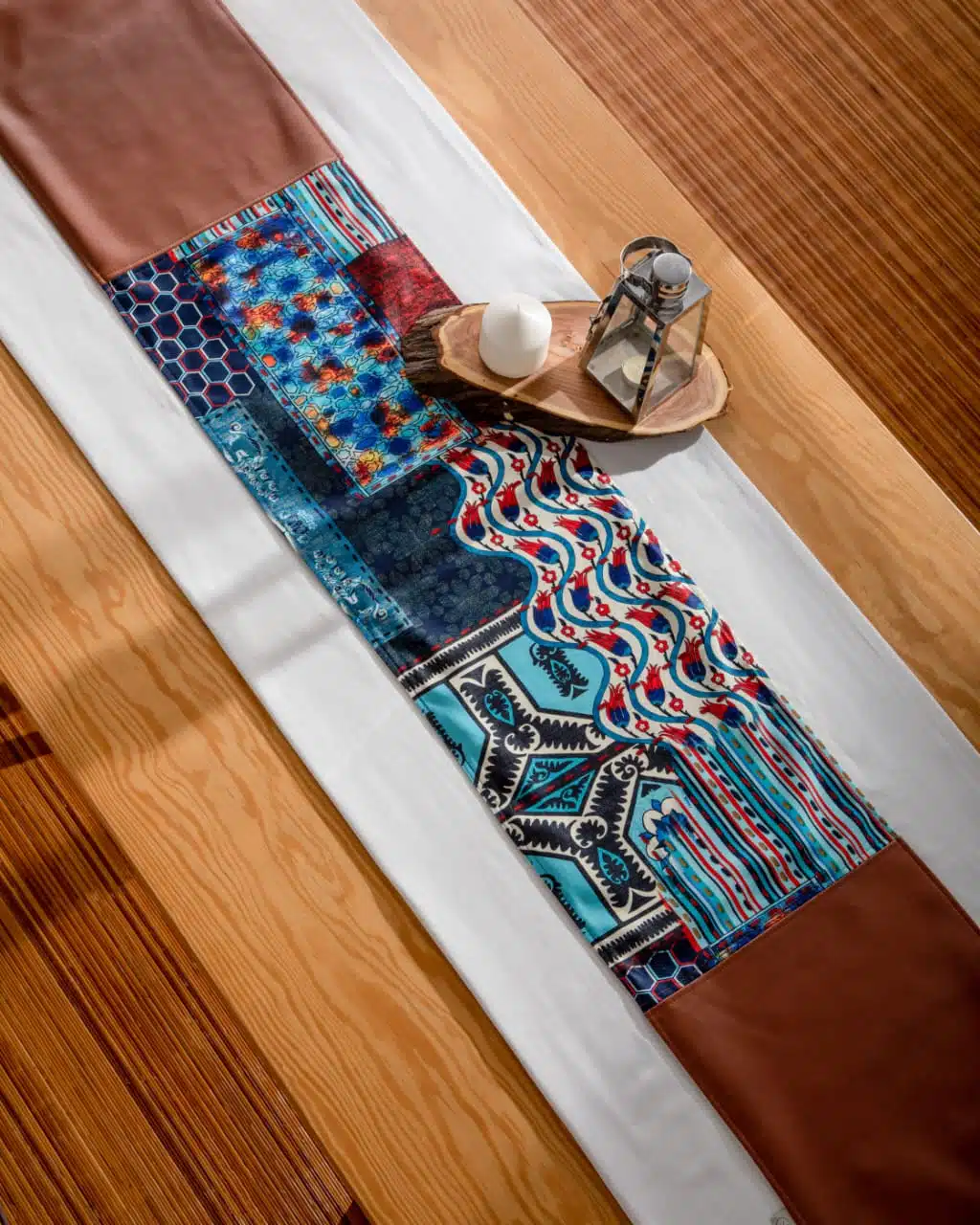 Blue Leather patchwork runner 1 Blue Leather patchwork runner