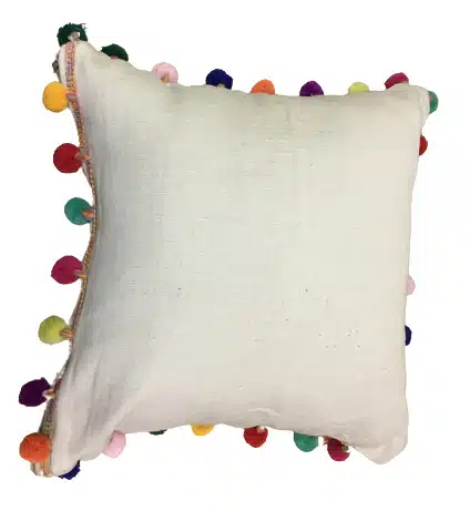Handmade Linen Cushion with Colorful Pom-Pom Trim 3 C2041B