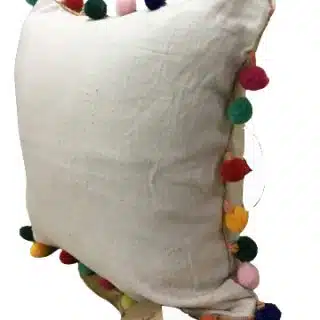 Handmade Linen Cushion with Colorful Pom-Pom Trim