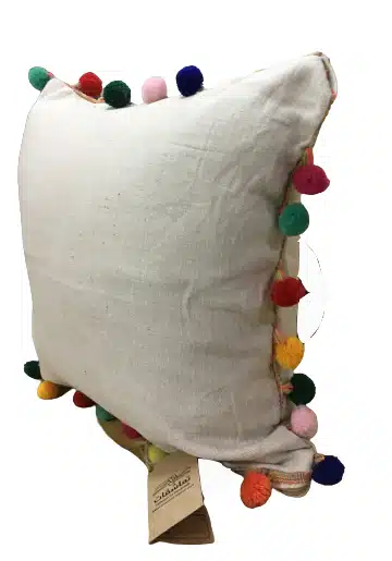 Handmade Linen Cushion with Colorful Pom-Pom Trim 1 Handmade Linen Cushion with Colorful Pom-Pom Trim
