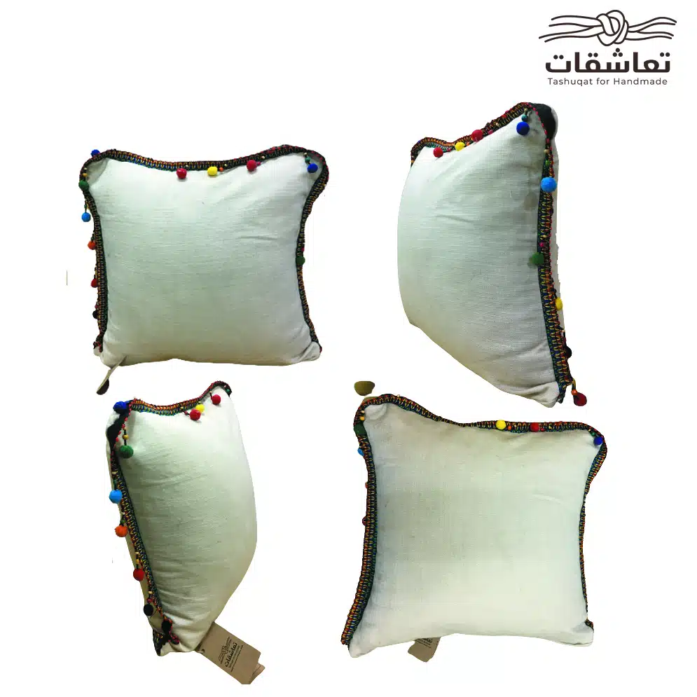 Handmade Linen Cushion with Colorful Pom-Pom Trim 4 MT2026