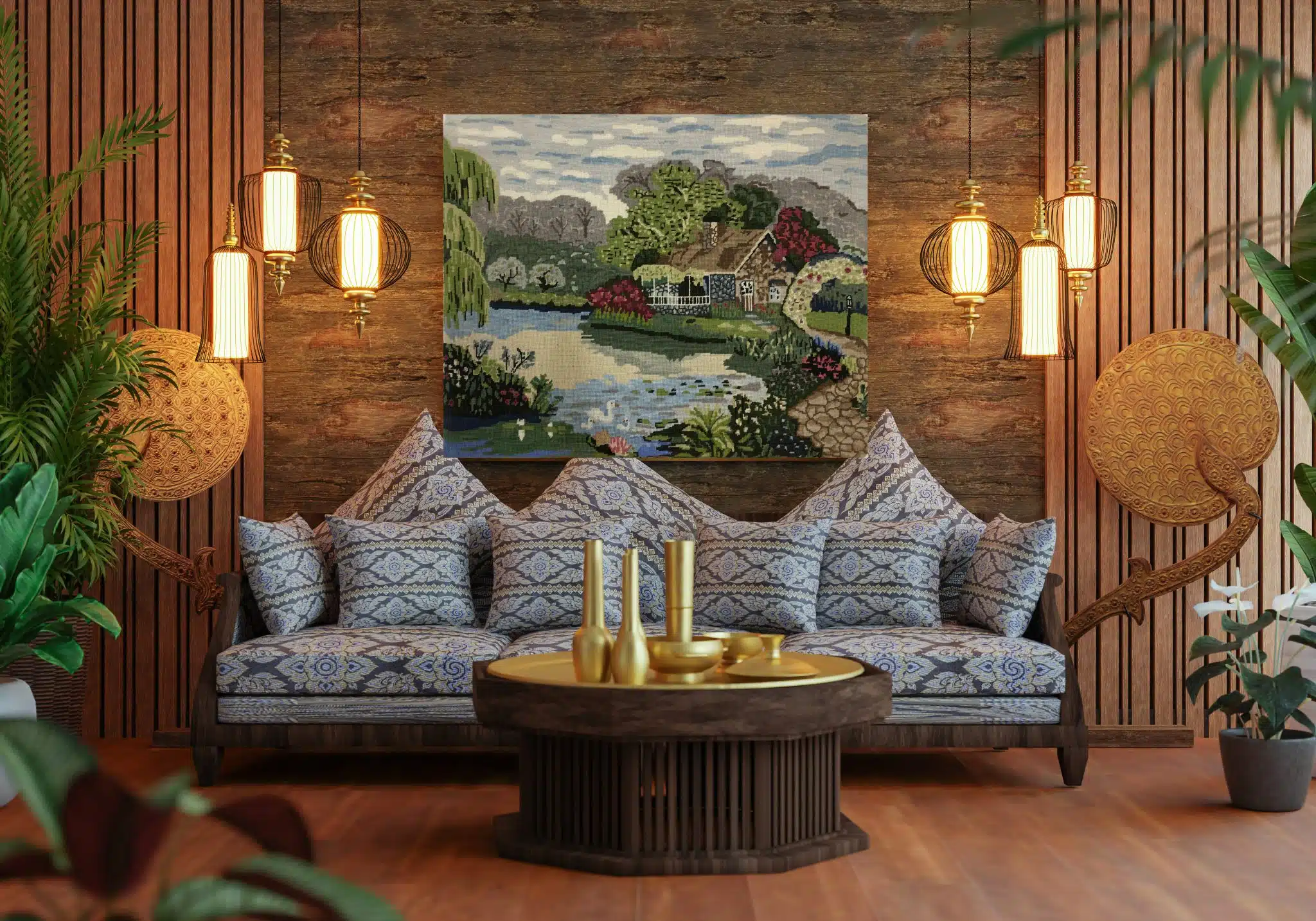 Handmade Tapestry Wall Art – Scenic Cottage by the Lake 2 PSDSepArt107 scaled