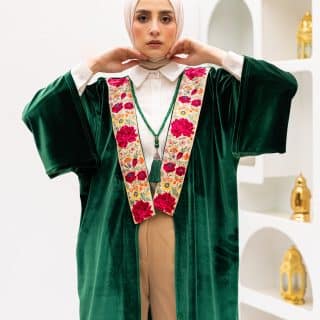 Hot Pink Roses Green velvet Kimono