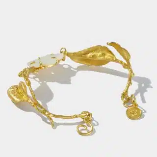 Engraved Mother Of Pearls Flowers & Silver Leaves Bracelet