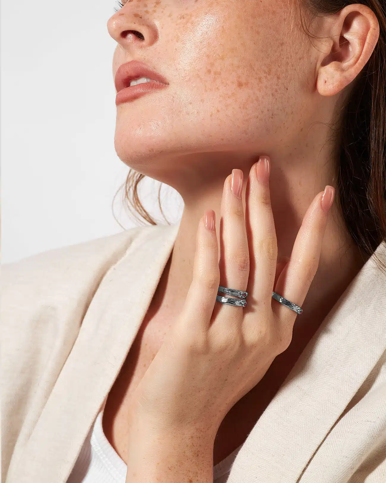 Essential Collection , Organic Textured Band Ring With Small Garnet Stone 5 Organic Textured Ring With Small Garnet Stone SZR231