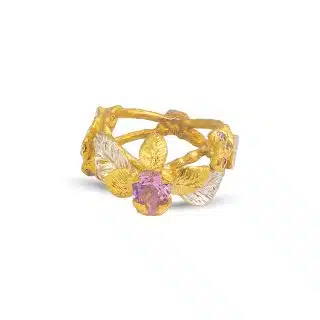 Flowery Collection, Pink Zircon Flower, Leaves & Branches Ring