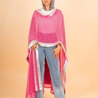 Chiffon electric pink kaftan with dark blue dots mixed with silver leather fabric