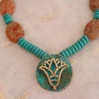 Turquoise & japer stones necklace with bluerust Lotus pendant