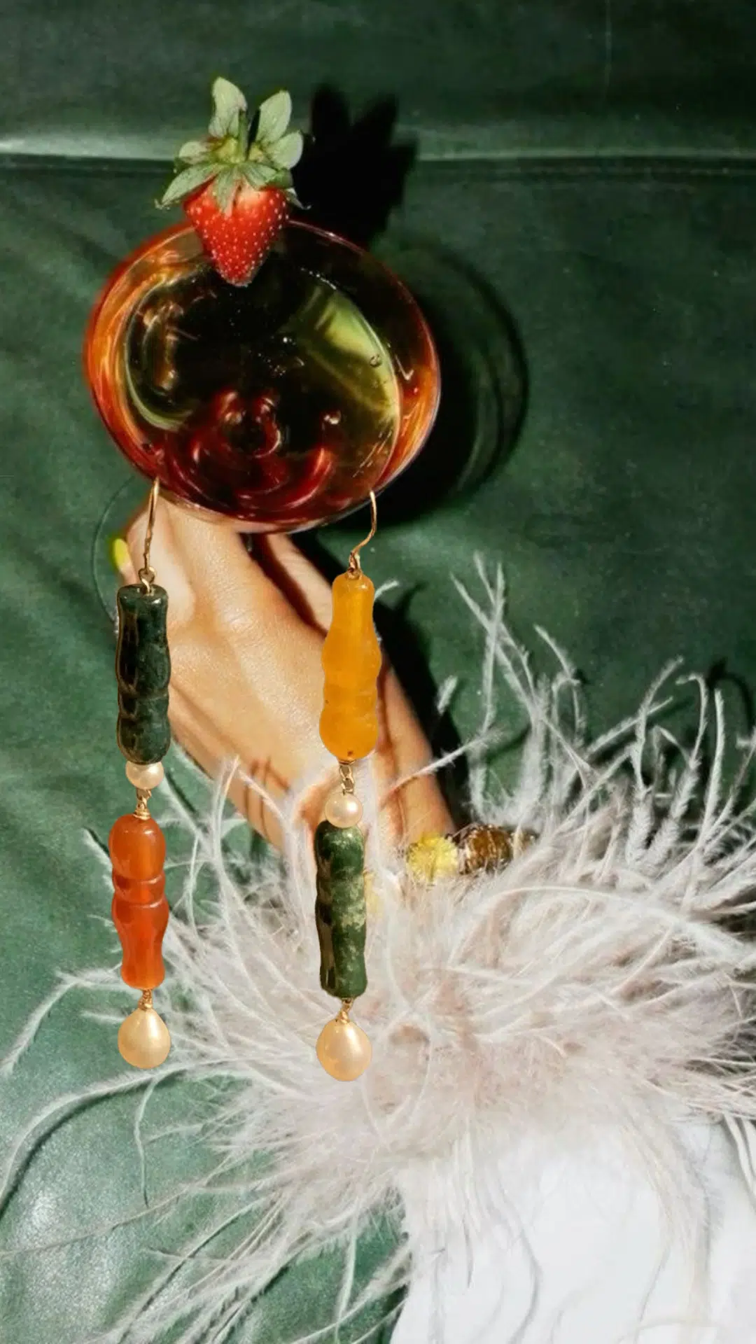 Color Cascade 4 color cascade earrings - green orange - Natural Agate stones