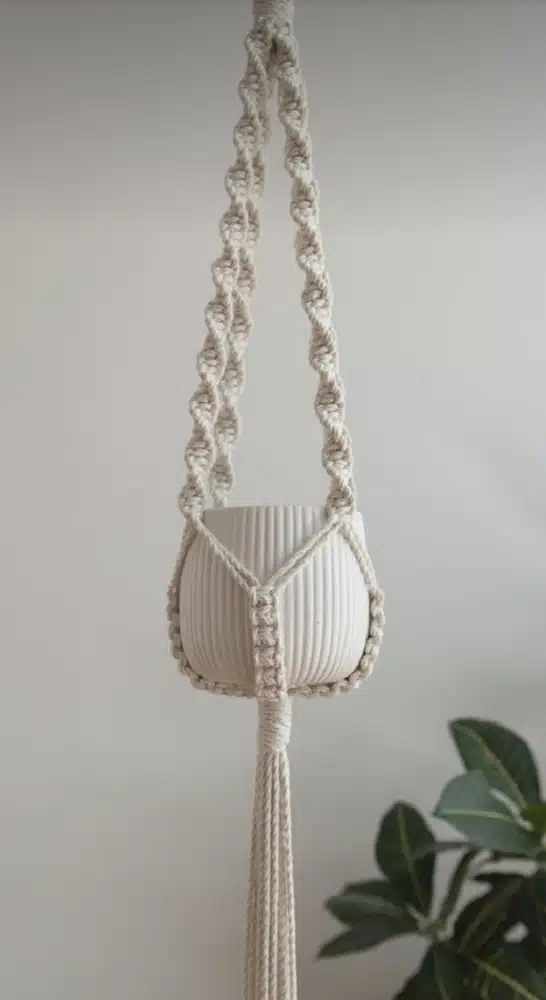 Macramé Plant Hanger from High-Quality Cotton Threads, Off-White Color 1 Macramé Plant Hanger from High-Quality Cotton Threads, Off-White Color