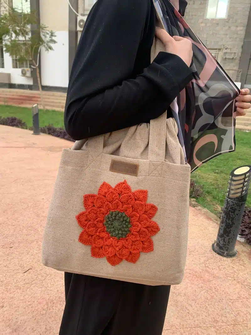 Beige Tote Bag 2 Beige tote bag with terra flower